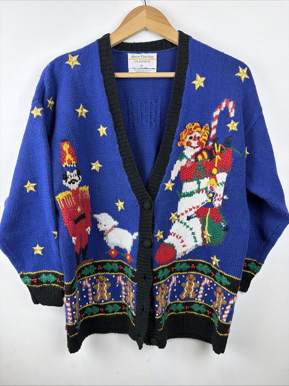Vintage Christmas Cardigan Maria Christina Mary Engelbreit Womens L Hand Knitted